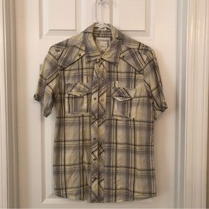 BKE Mens Shirt Short Sleeve Snap Up Plaid Yellow Slim Fit Cotton Size Small